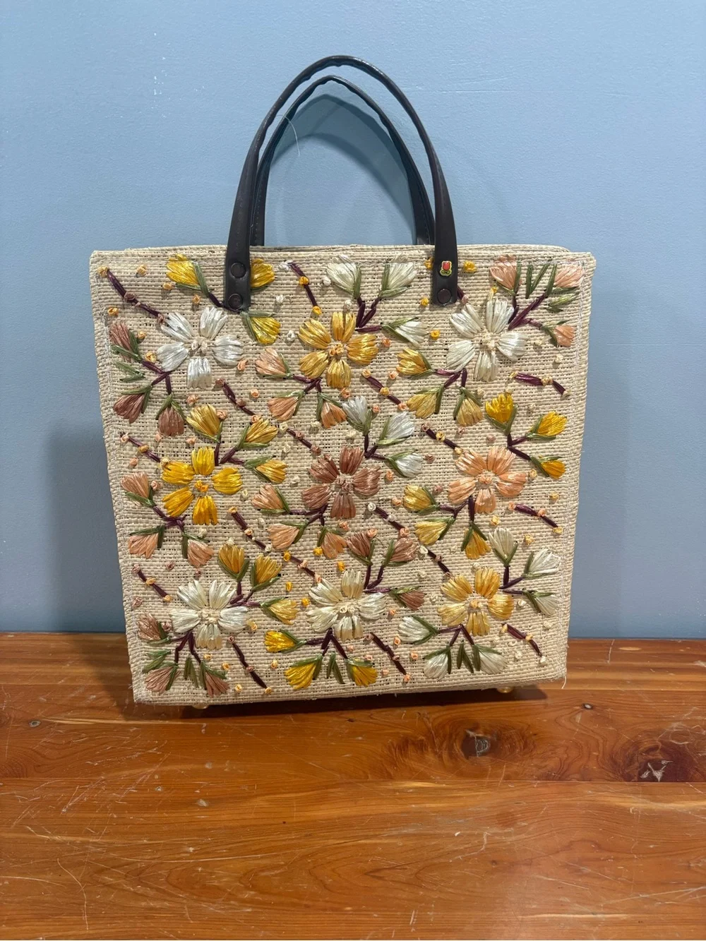 Handwoven Floral Embroidered Tote Bag - Cream with Yellow & Peach Flowers